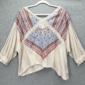 Free People Cream and Blue Blouse